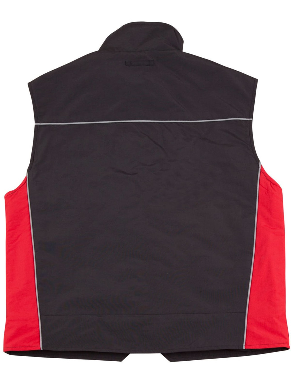 A men's 3-in-1 jacket featuring a black front and red sides, with a collar and reflective detailing.
