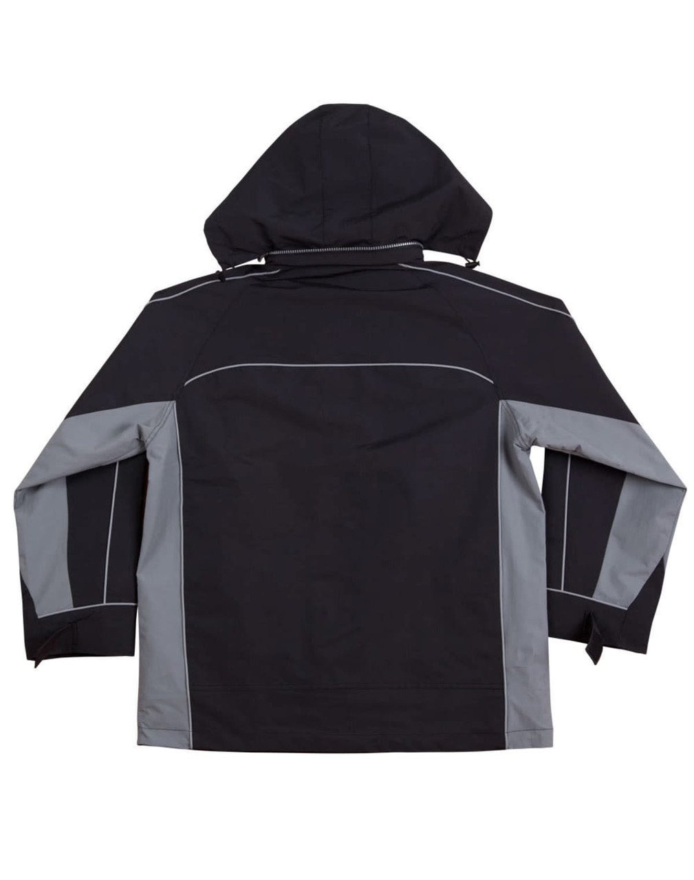 A black and grey men's jacket with a hood, featuring contrasting panels and a branded logo.