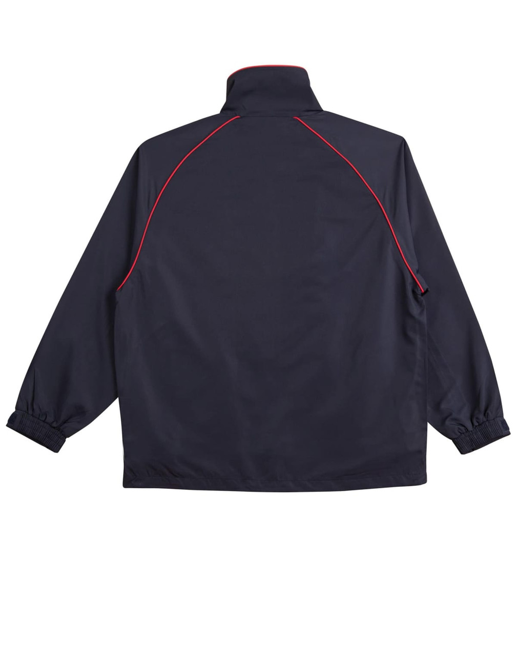 A navy track jacket with red piping, featuring a high collar and elasticated cuffs. It has a logo on the back.