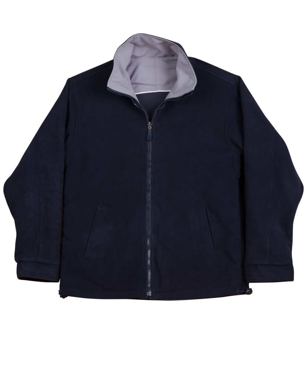 A reversible jacket featuring a tri-colour design, primarily in navy with a grey interior and side pockets.