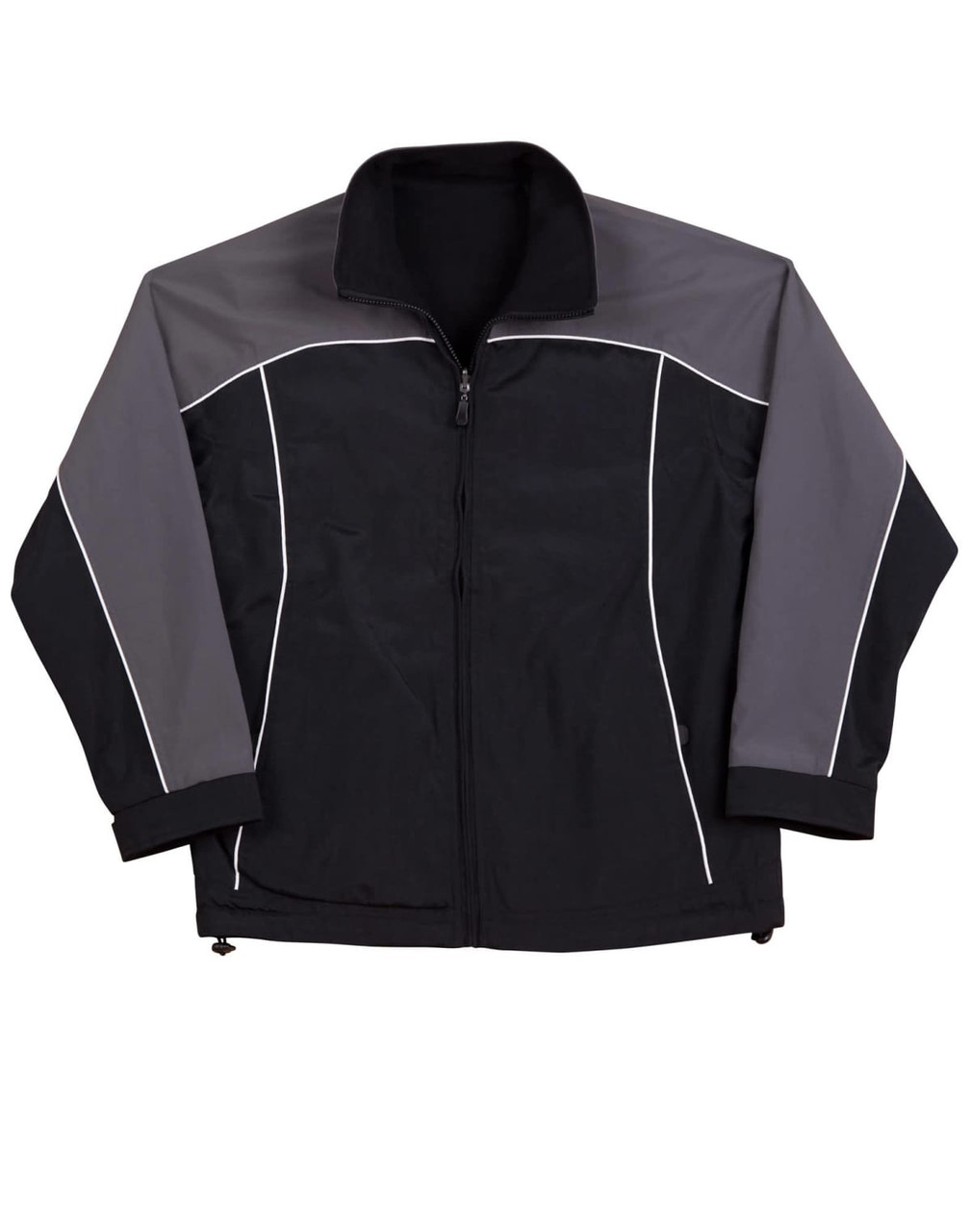 A black and grey reversible jacket with white contrast stitching and a zip closure. It features a logo on the chest.