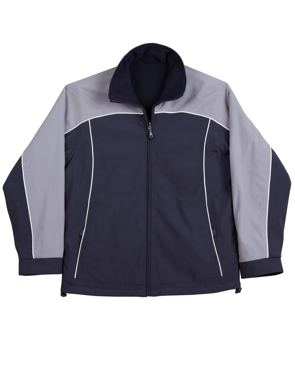 A navy and grey reversible jacket with contrasting panels and a high collar, featuring a logo.