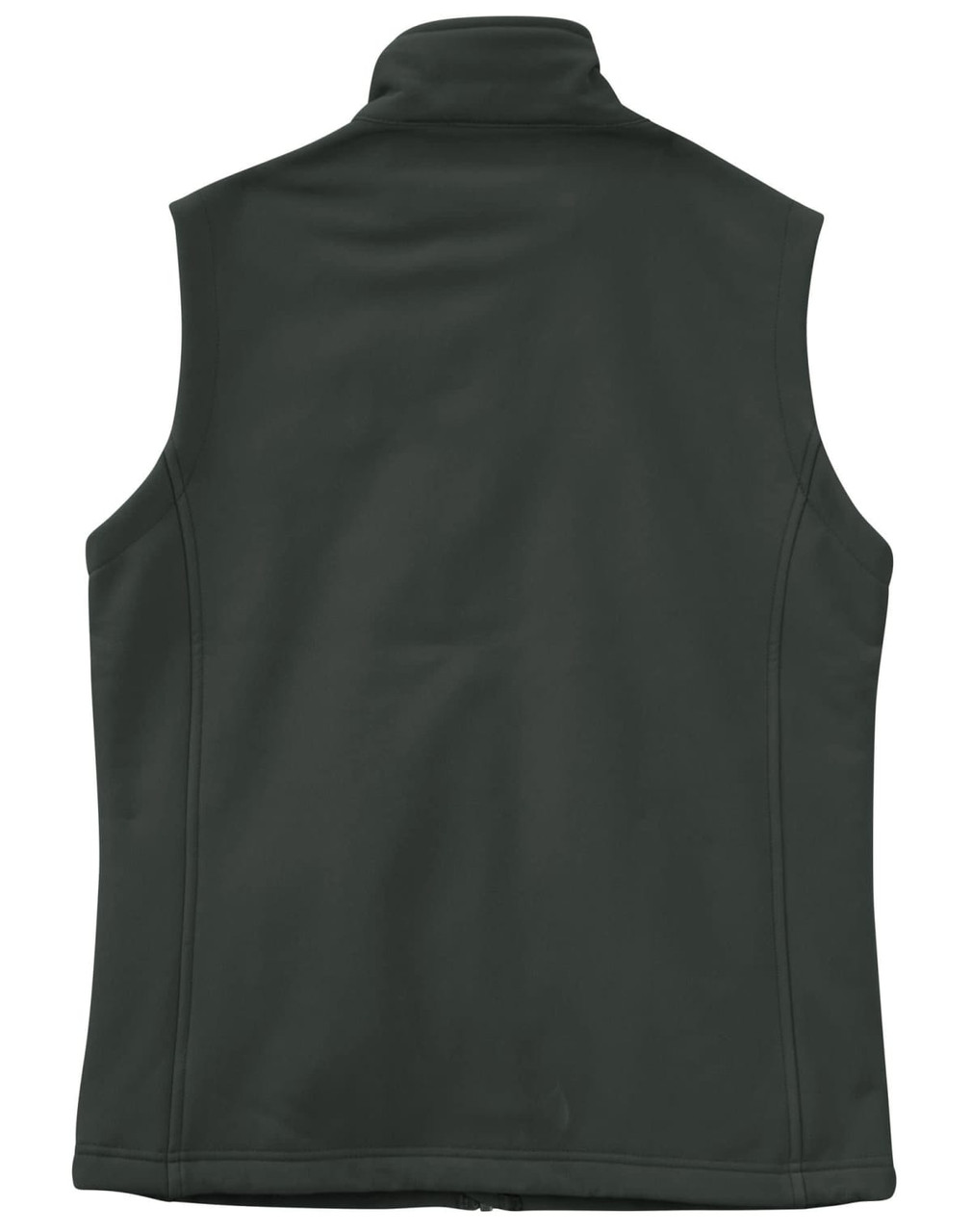 A dark green ladies' softshell hi-tech vest with a collar and no front detailing, featuring a logo.