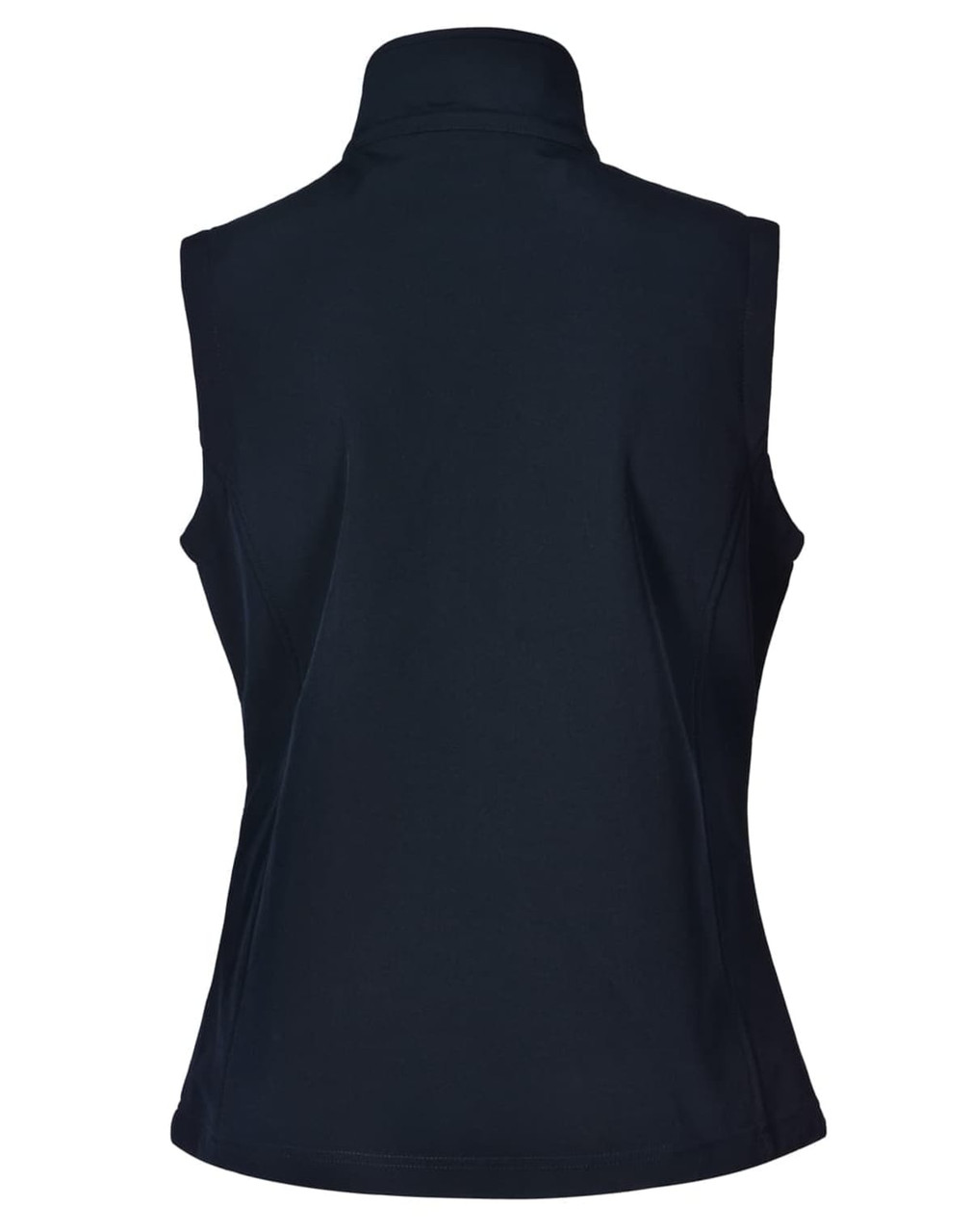 A black women's softshell vest with a high collar and no sleeves at the back. It features a logo.
