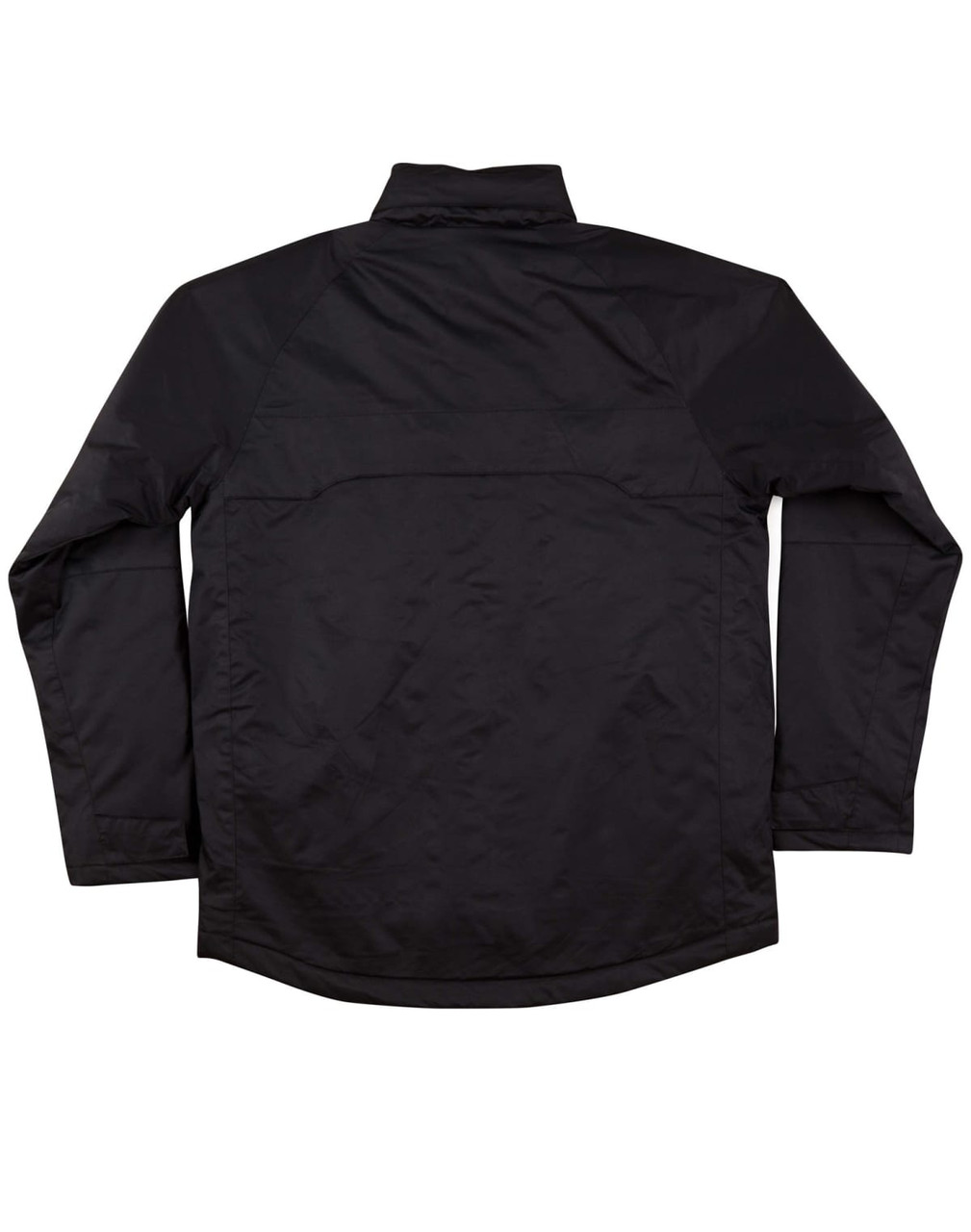 A black men's jacket with a collar and long sleeves, featuring a simple design and a logo.