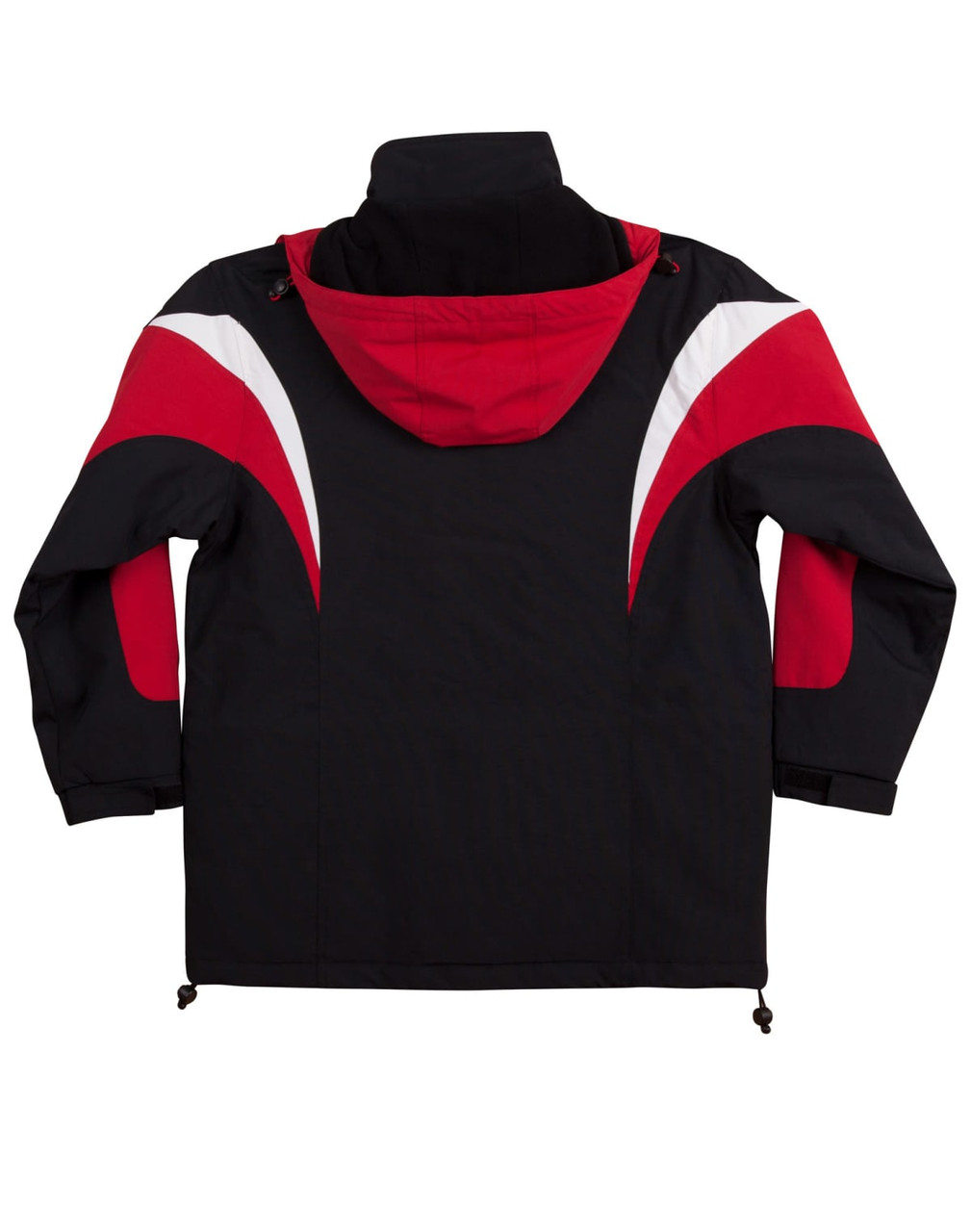 A tri-colour jacket featuring a red and black design with a hood and white accents. It has a logo on the back.