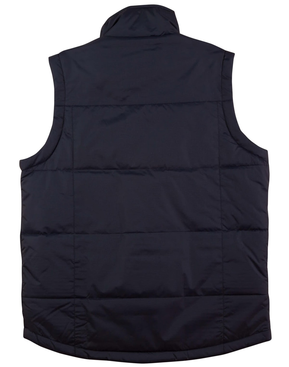 A dark navy padded vest with a collar and quilted design, featuring a visible logo on the backside.