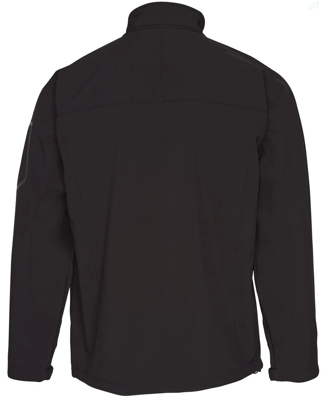 A black softshell jacket featuring a high collar and a logo on the sleeve. The back view displays a sleek design.