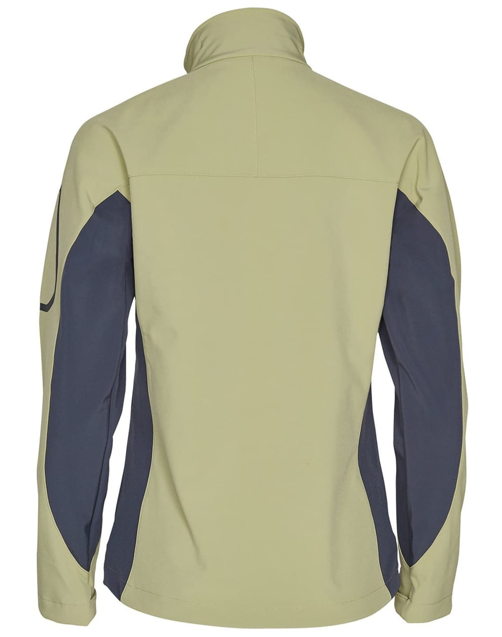 A softshell jacket in light green with navy contrasting panels, featuring a collar and long sleeves. It has a logo.