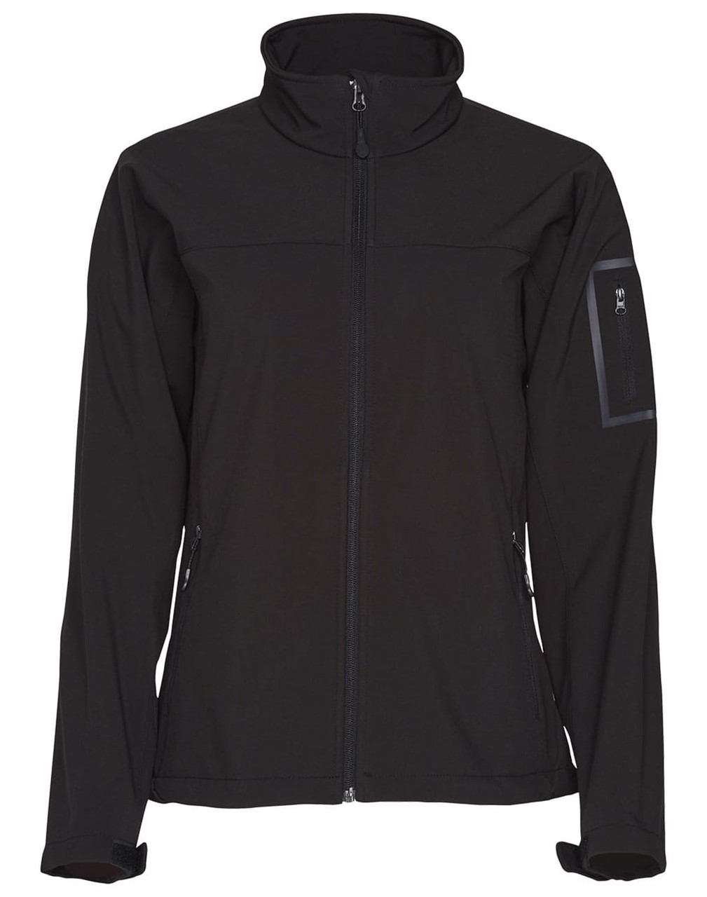A black ladies' softshell jacket with a high collar and zippered pockets. It features a logo on the sleeve.