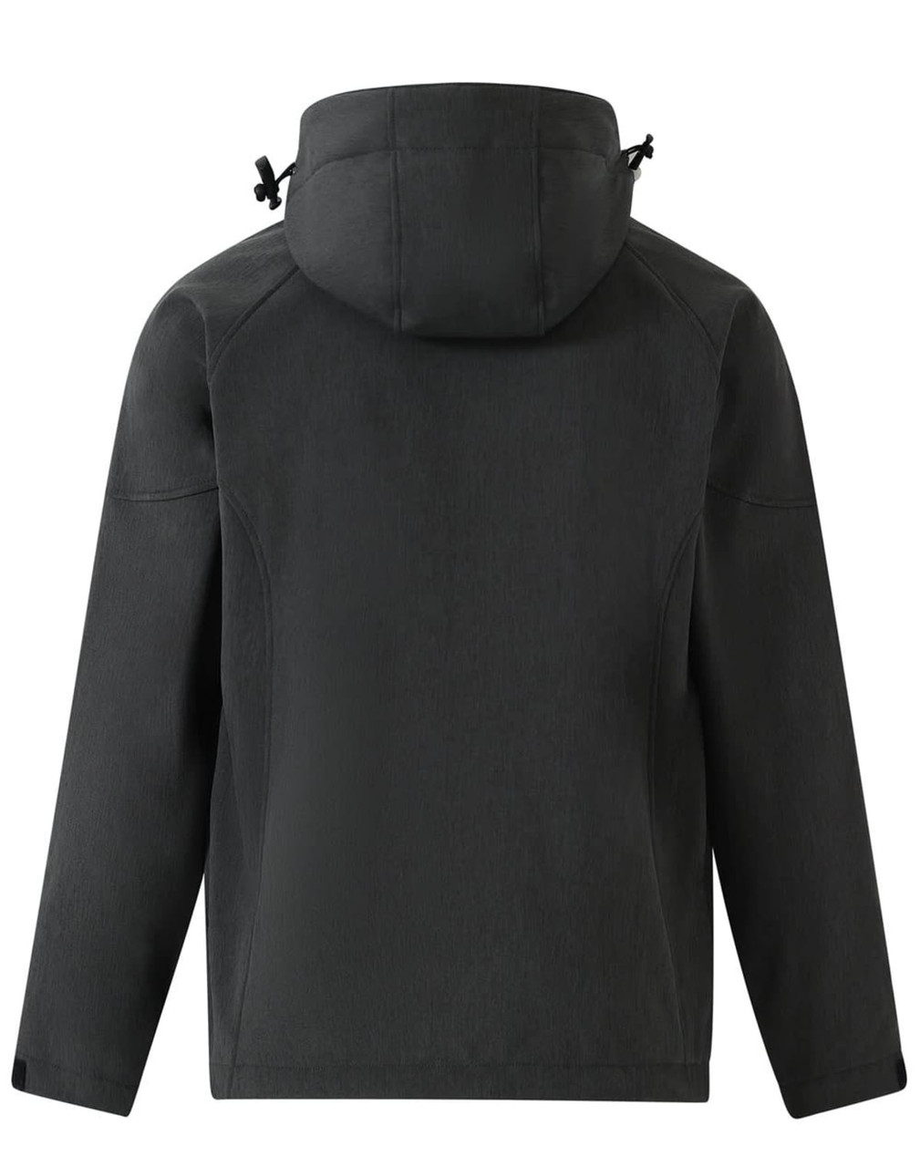 A dark green men's softshell full zip hoodie with a hood and adjustable toggles, featuring a smooth texture and casual design.