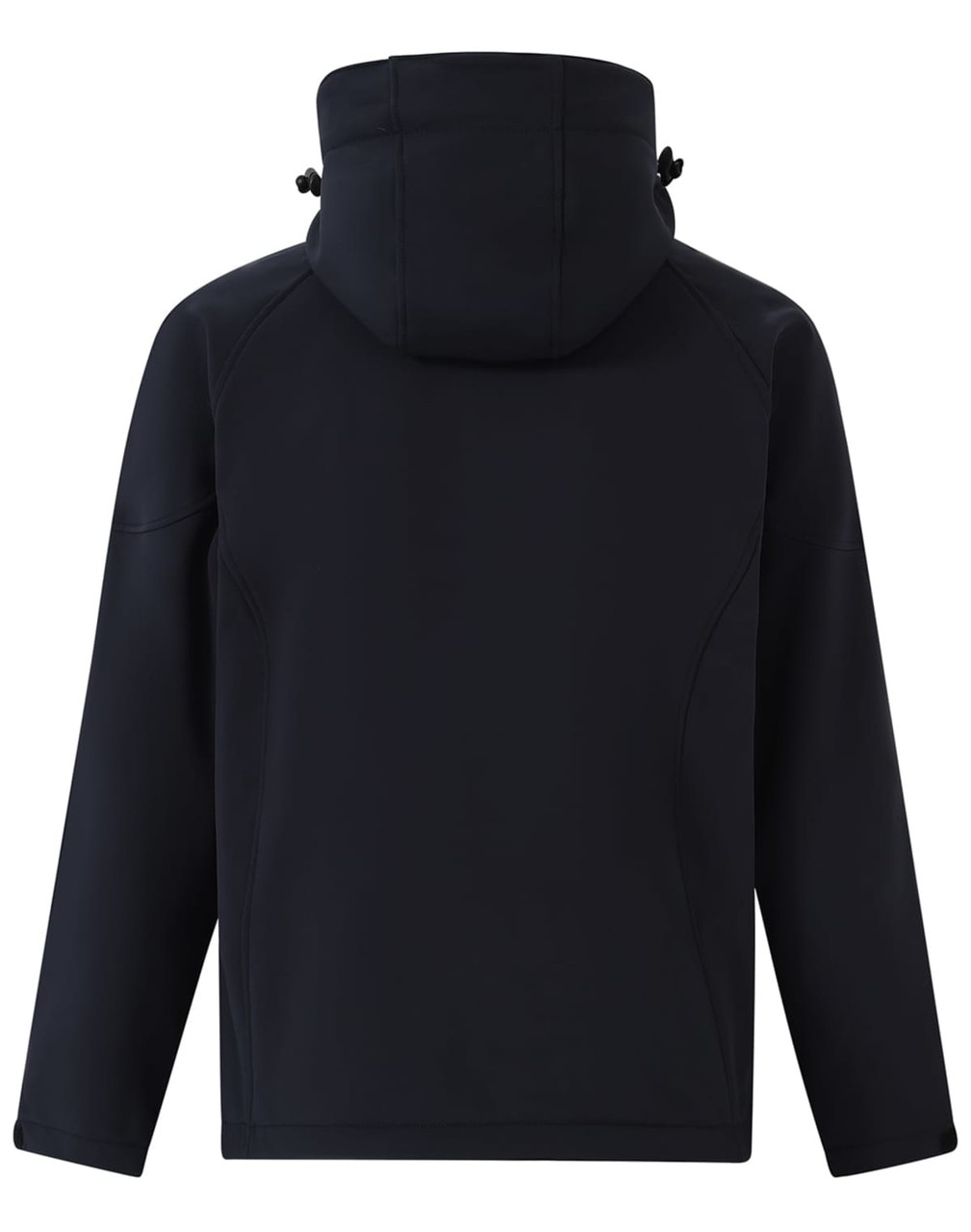 A black softshell full zip hoodie with a hood, featuring a sleek, smooth design and a logo.