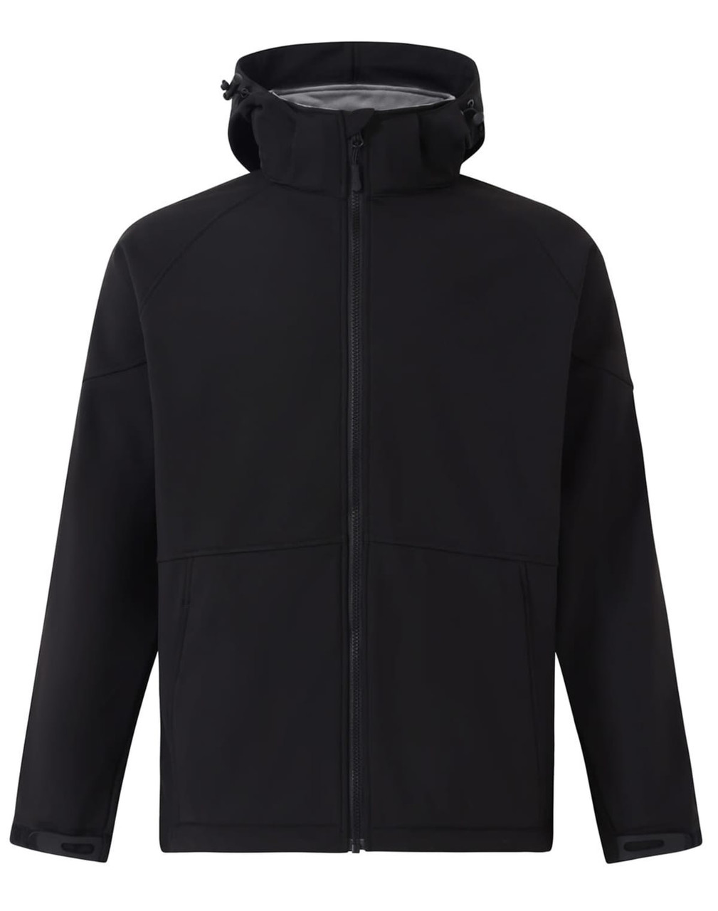 A black kids' softshell full zip hoodie with a grey interior and a zippered front. It features a stand-up collar and a logo.