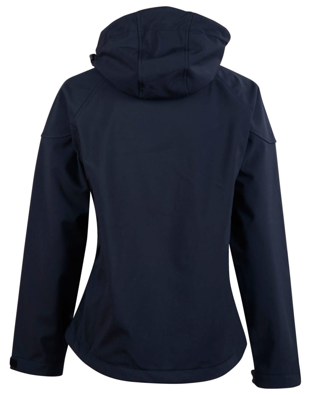 A navy ladies' softshell full zip hoodie with a hood and a logo on the back.