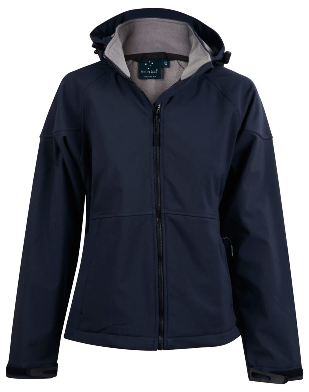 A navy women's softshell full zip hoodie with a hood and a fleece lining, featuring a logo on the chest.
