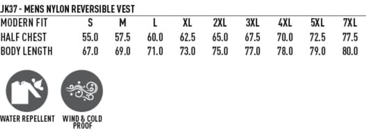 A size chart for a men's versatile vest, detailing measurements in half chest and body length in various sizes.