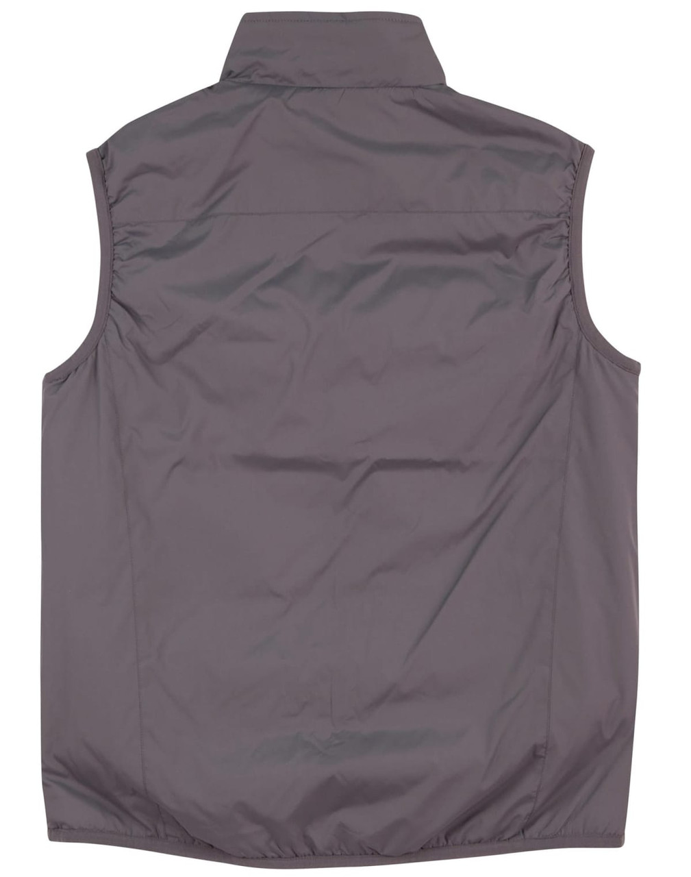 A grey ladies' vest featuring a collar and no sleeves, with gathered detail on the sides. It has a logo.