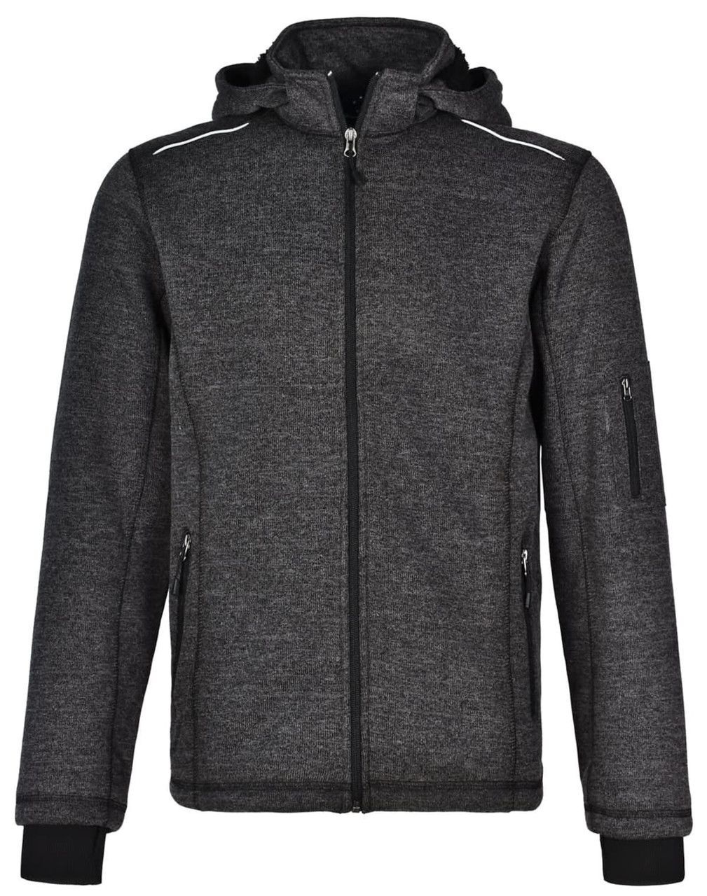 A men's heather bonded fleece jacket in dark grey, featuring a zipped front and a hood, with a logo on the side.