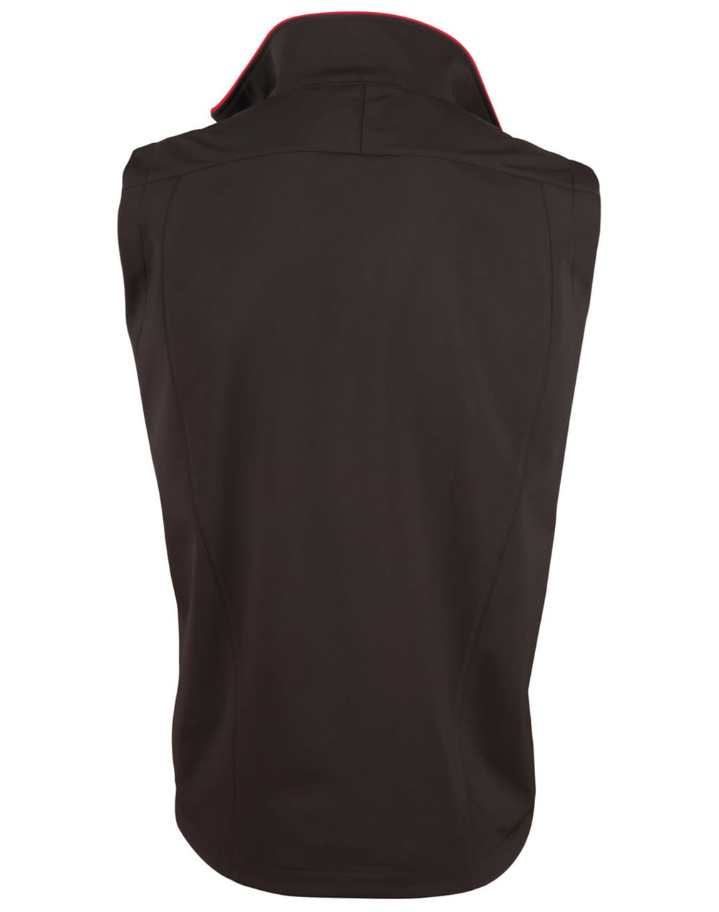 A black men's softshell contrast vest featuring a red trim and a logo on the back.
