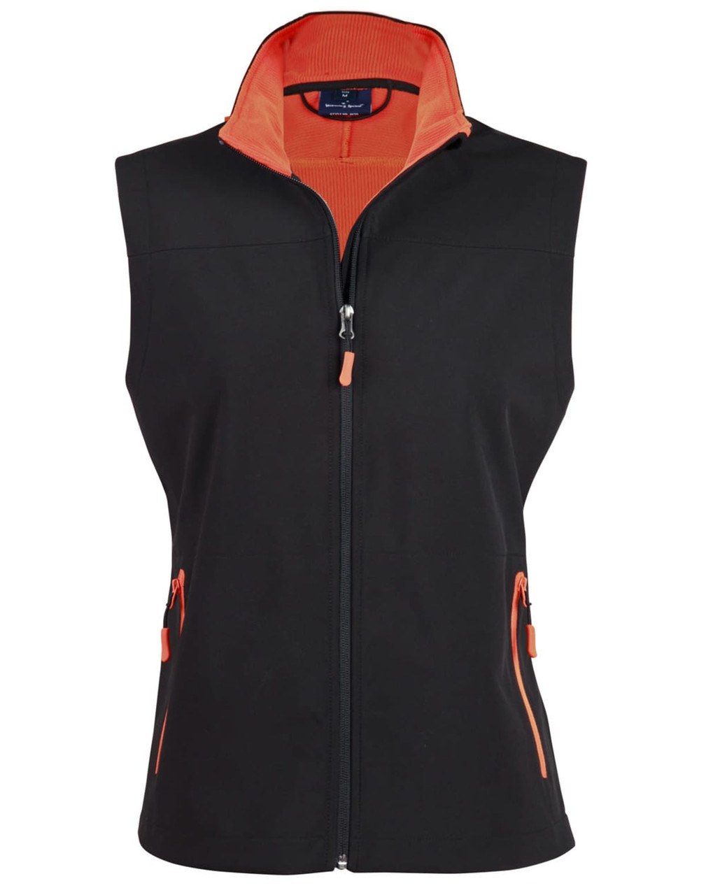 A black softshell vest with an orange collar and zip, featuring two front zip pockets and a centre zip.