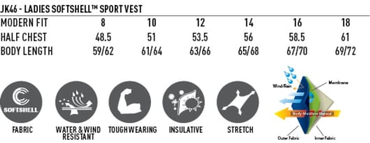 A ladies' softshell vest in various sizes, featuring a modern fit, available in contrasting colours with a logo.