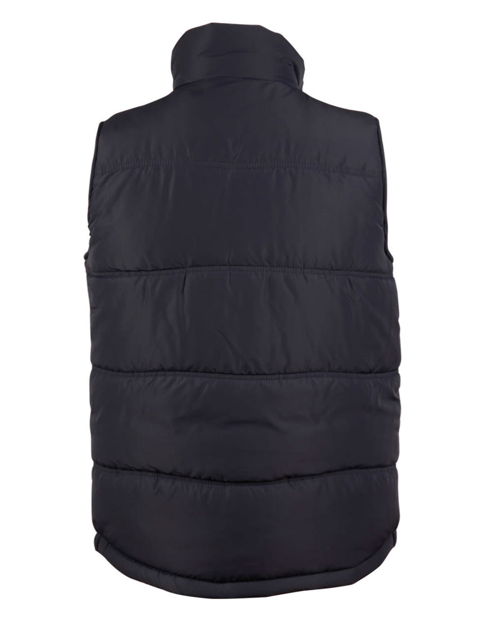A heavy quilted vest in black, featuring a high collar and a simple design. Includes a logo on the back.