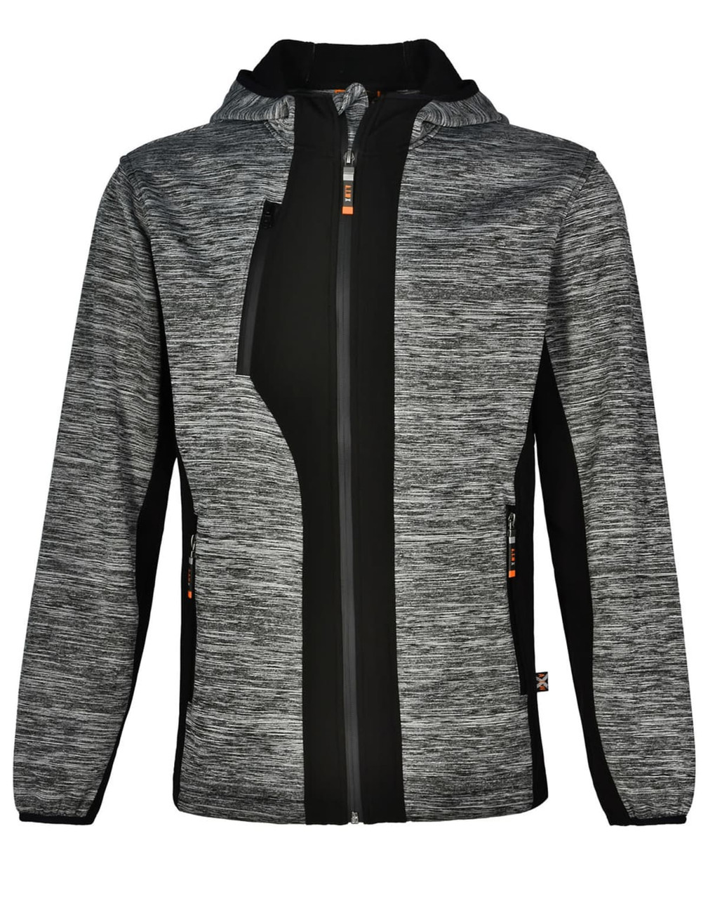 A grey and black workwear jacket with a hood, featuring a zip closure and side pockets. It has a logo on it.