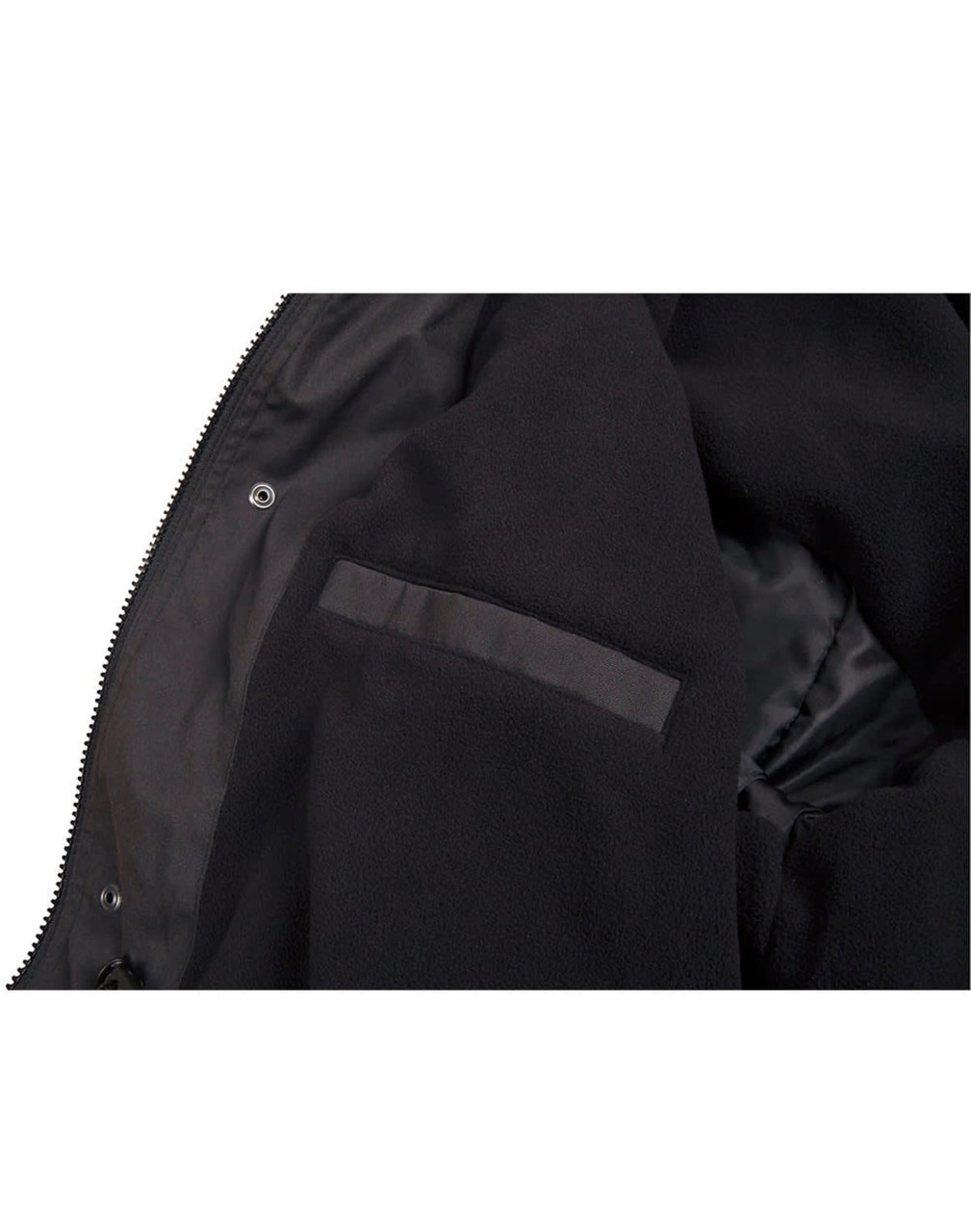 A black Long Line Stadium Jacket features a soft interior lining and an interior pocket. It has a simple design with a logo.
