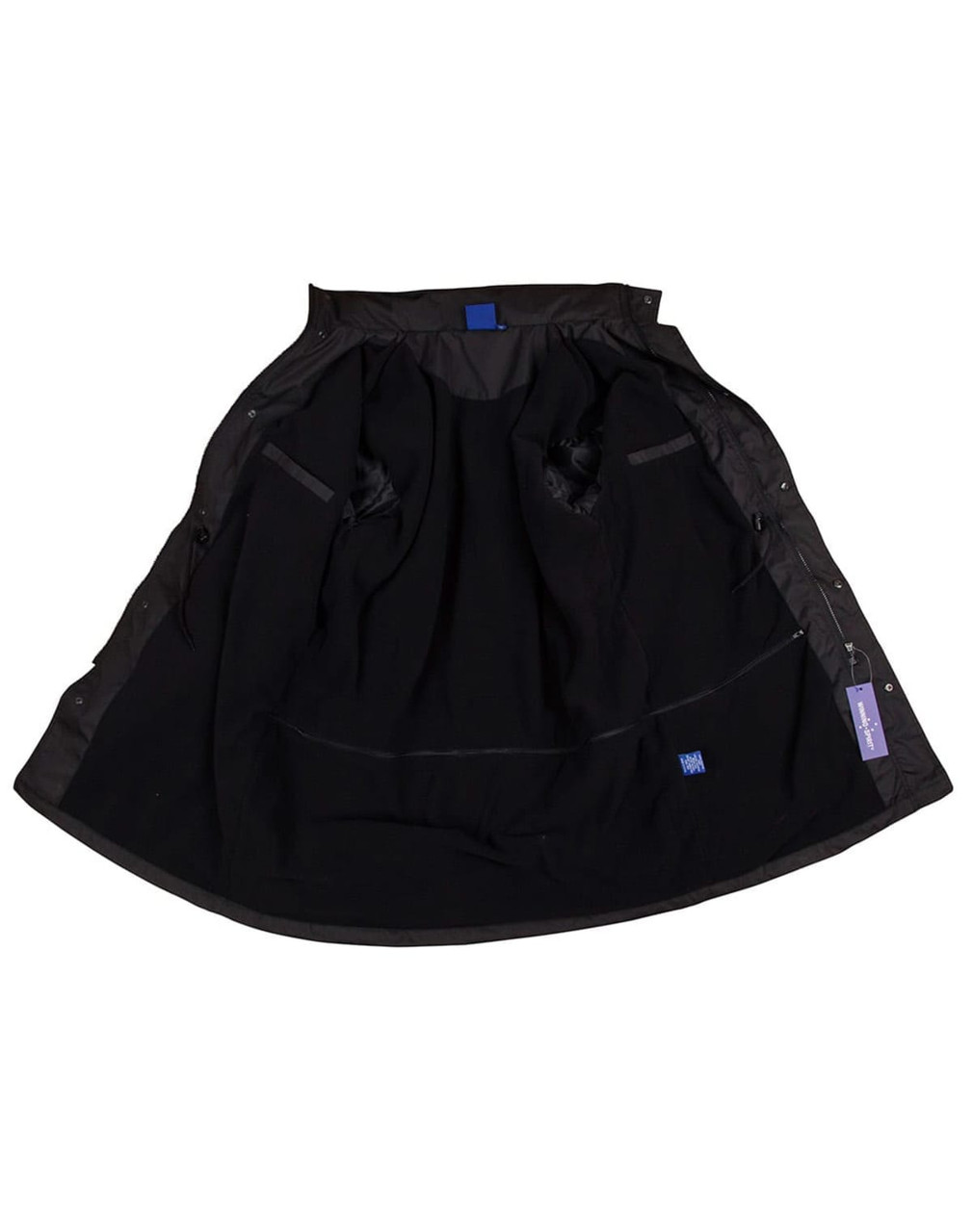 A long line stadium jacket in black, featuring a lined interior and pockets, with a branding tag visible.