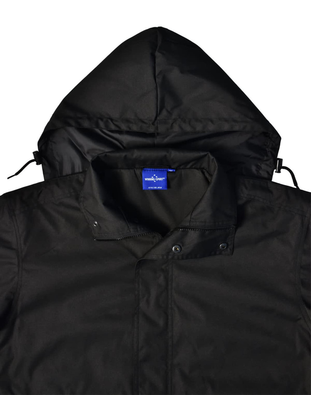 A black Long Line Stadium Jacket featuring a hood, with a collar and a branded label in the neck area.