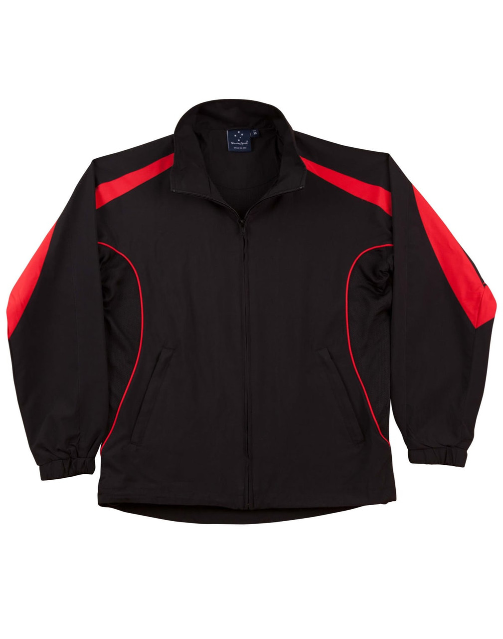 A track jacket in black with red detailing, featuring pockets and a collar, and a logo on the chest.