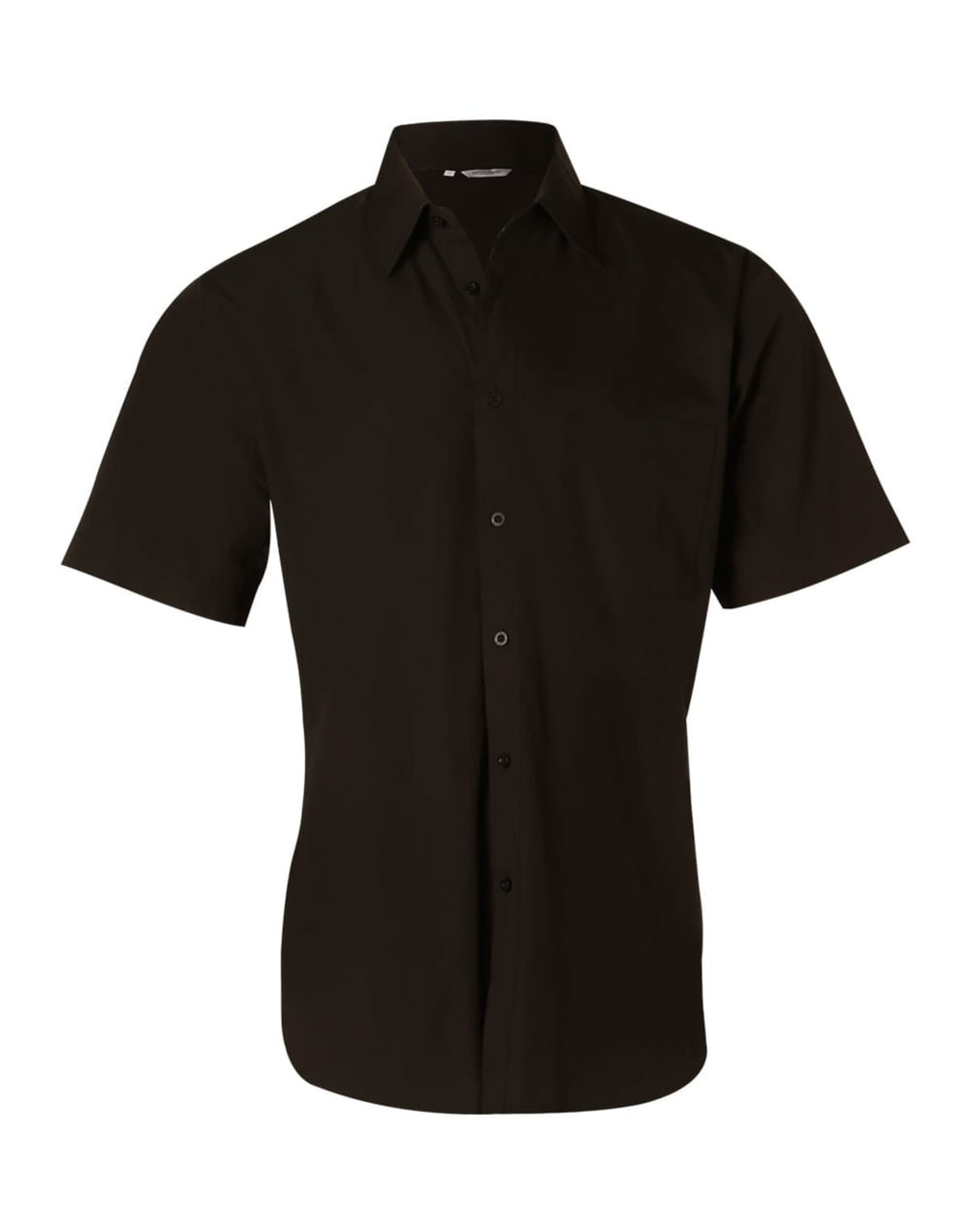 A black short sleeve button-up shirt with a collar and a front pocket, featuring a logo.