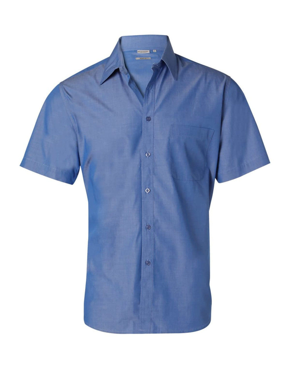 A short-sleeve button-up shirt in a light blue shade, featuring a chest pocket and a logo.
