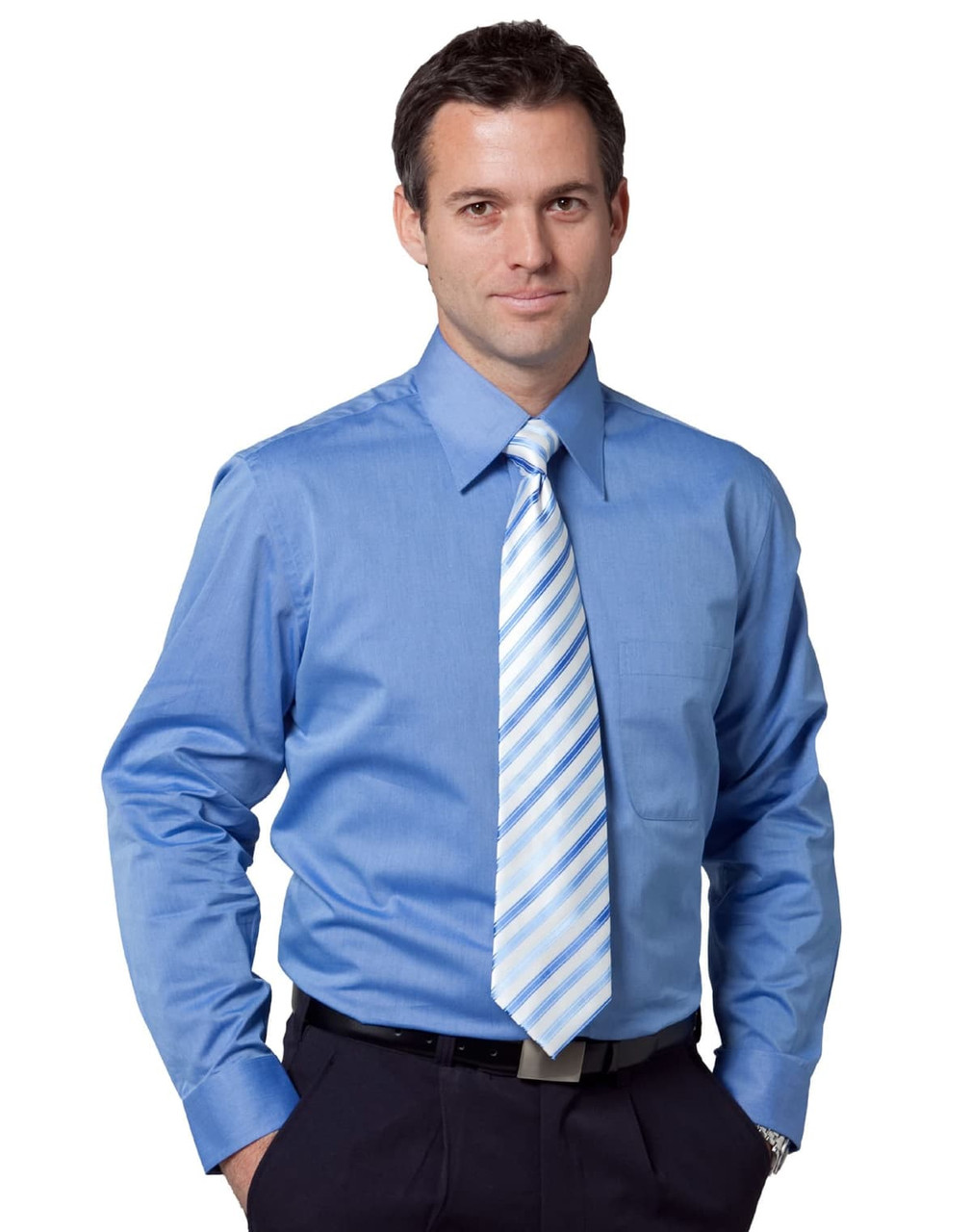 A light blue men's long sleeve button-up shirt, featuring a chest pocket and worn with a diagonal striped tie.