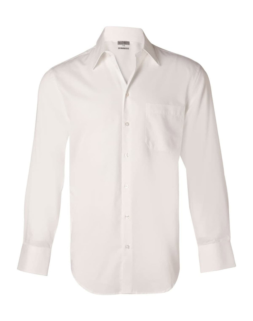 A white long sleeve button-up shirt with a front pocket and a collar, featuring a logo.