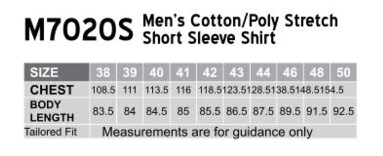 A size chart for a men's cotton/poly stretch short sleeve shirt, featuring measurements for chest and body length.