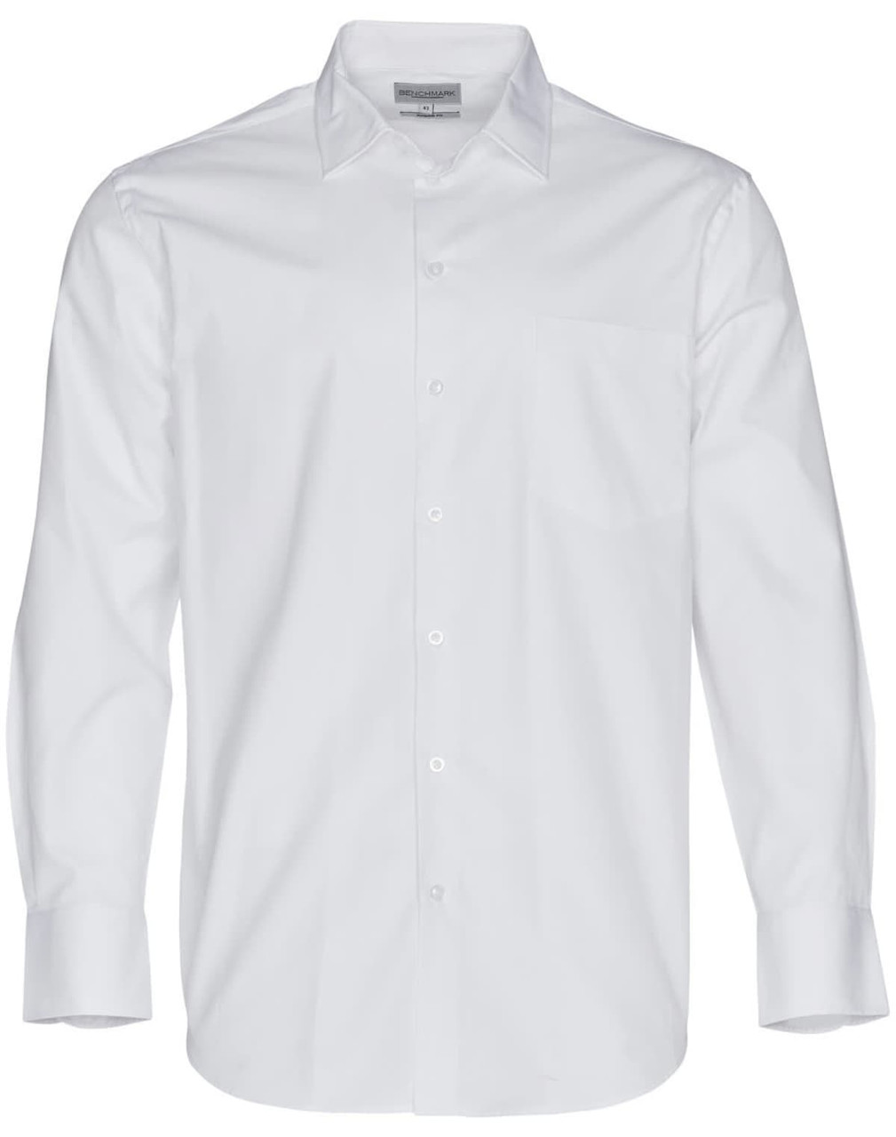 A white long-sleeve button-up shirt featuring a single chest pocket and a collar. It has a logo on the label.