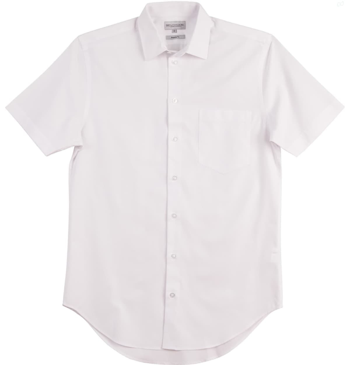 A white short-sleeve button-up shirt with a pocket and a logo. Clean and simple design.