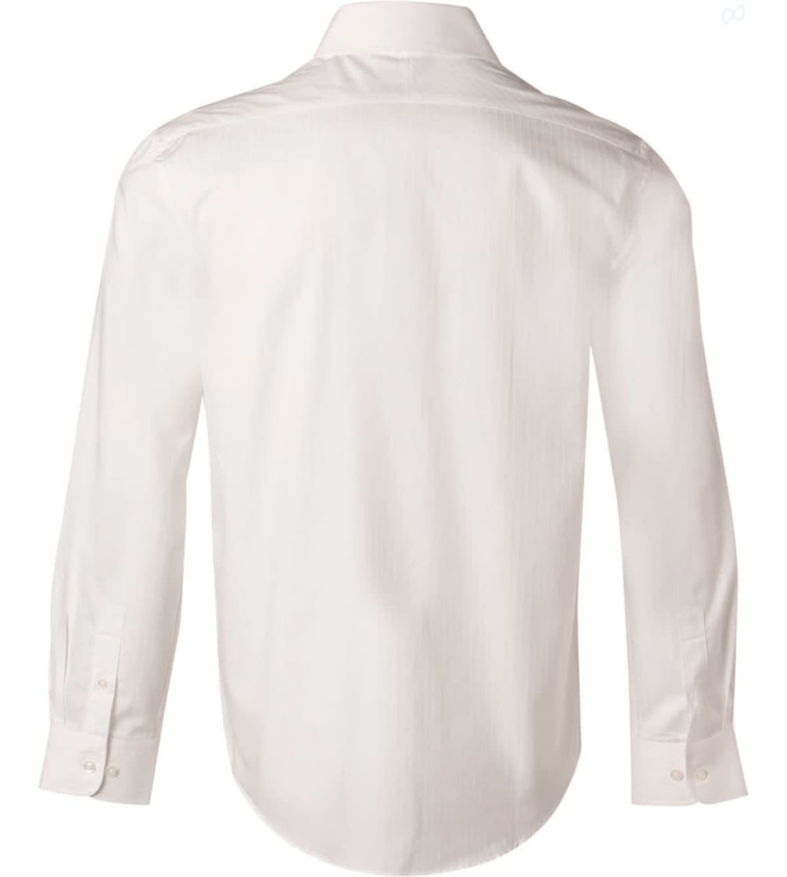 A white men's long-sleeve button-up shirt with a self-stripe design. Features a collar and button cuffs.