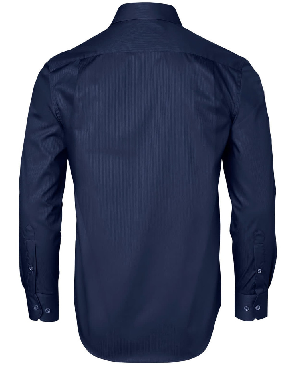 A navy blue men's button-up shirt featuring a dobby striped pattern and long sleeves. It has a branding logo.