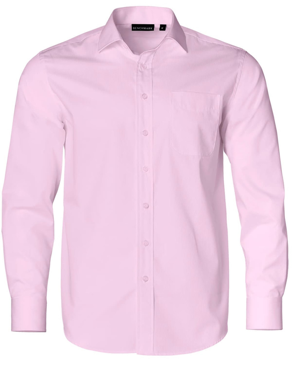 A pink long-sleeve button-up shirt with a pocket and a branding logo. Features a dobby striped pattern.