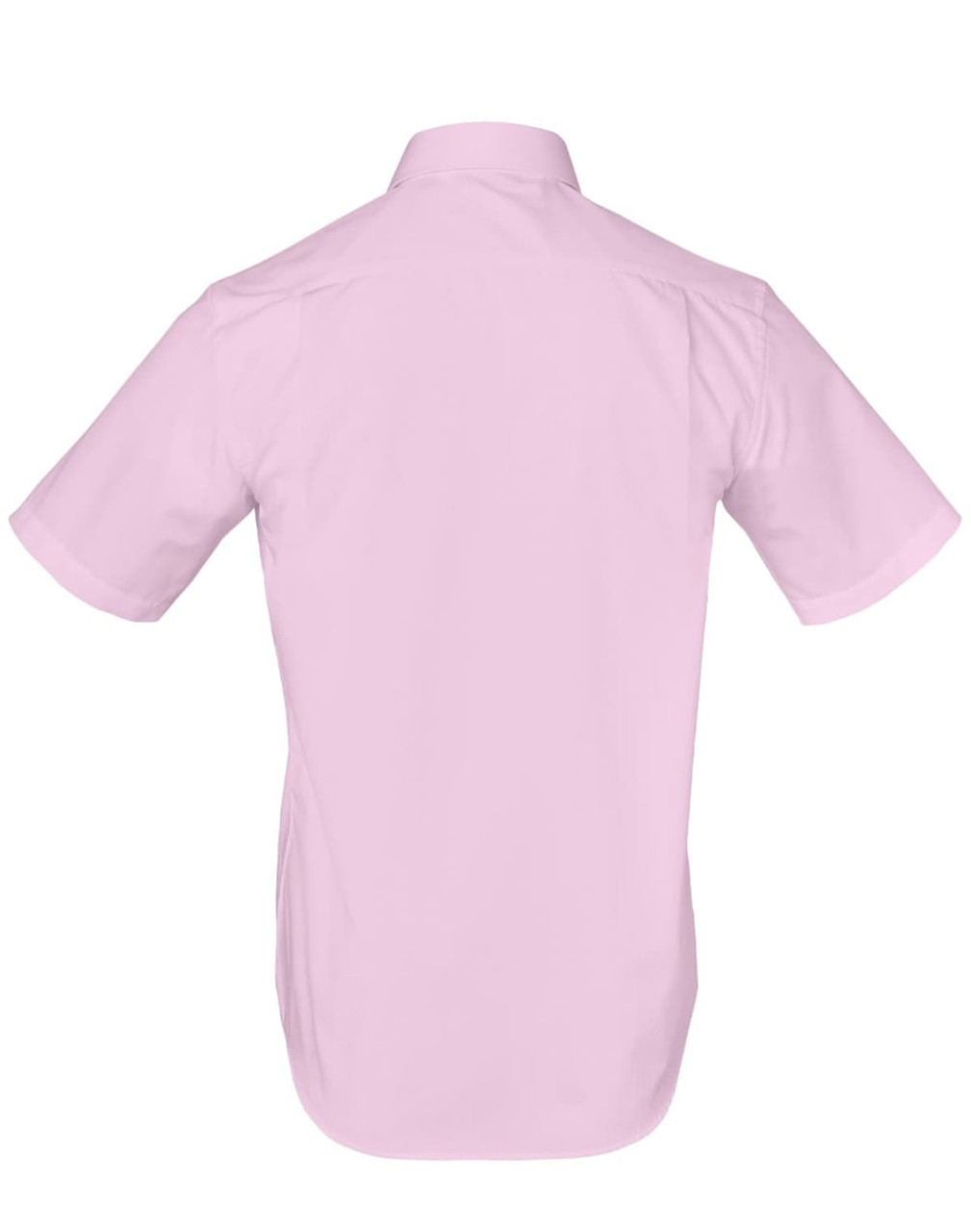 A short-sleeved, button-up shirt in light pink, featuring a smooth back design and a logo.