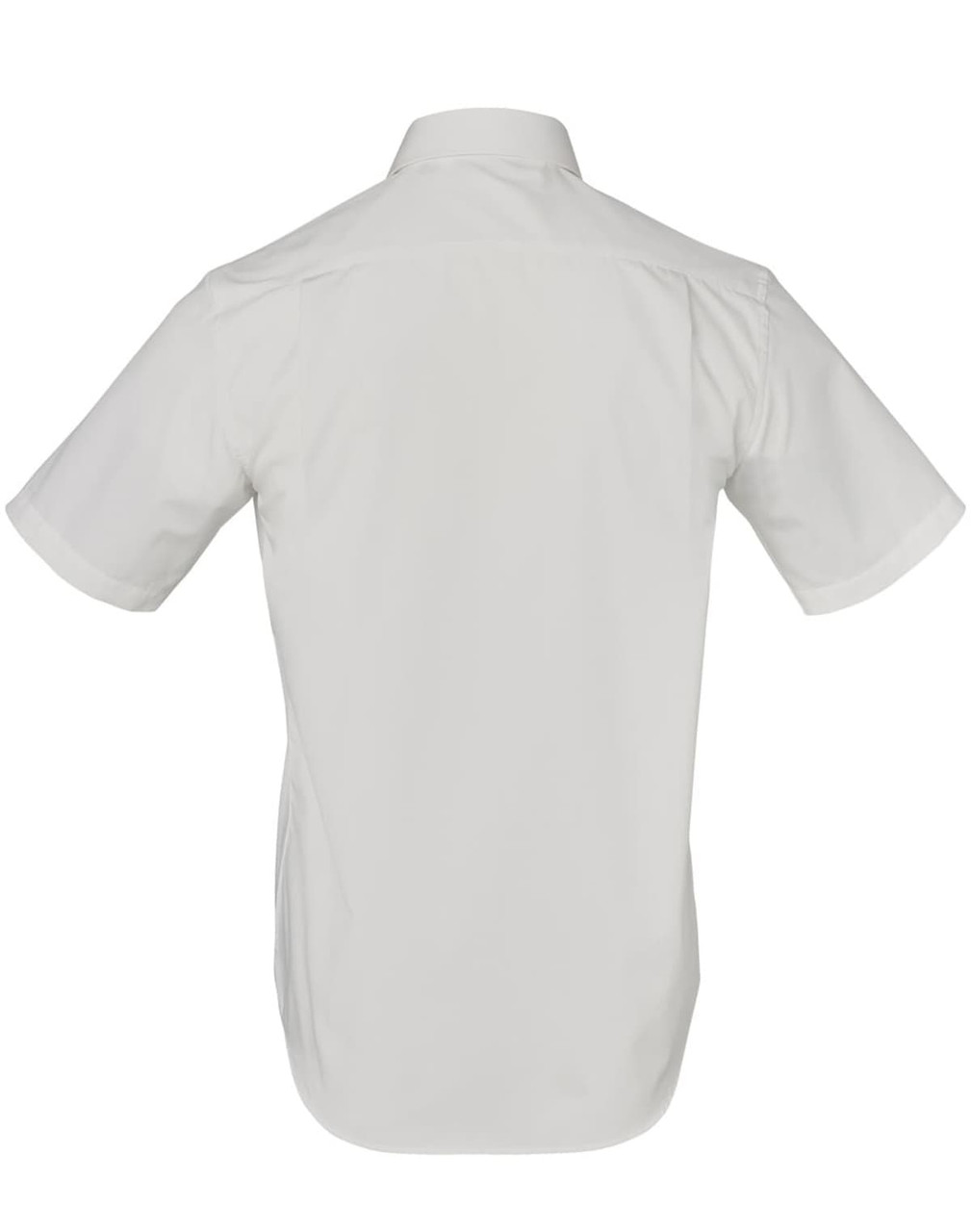 A short-sleeved button-up shirt in light grey with a striped design and a brand logo.
