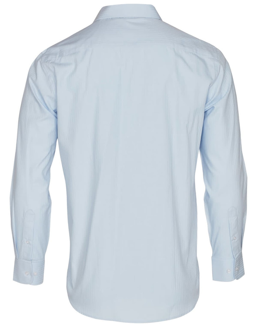 A light blue long sleeve button-up shirt featuring a mini herringbone pattern and a logo on the back.