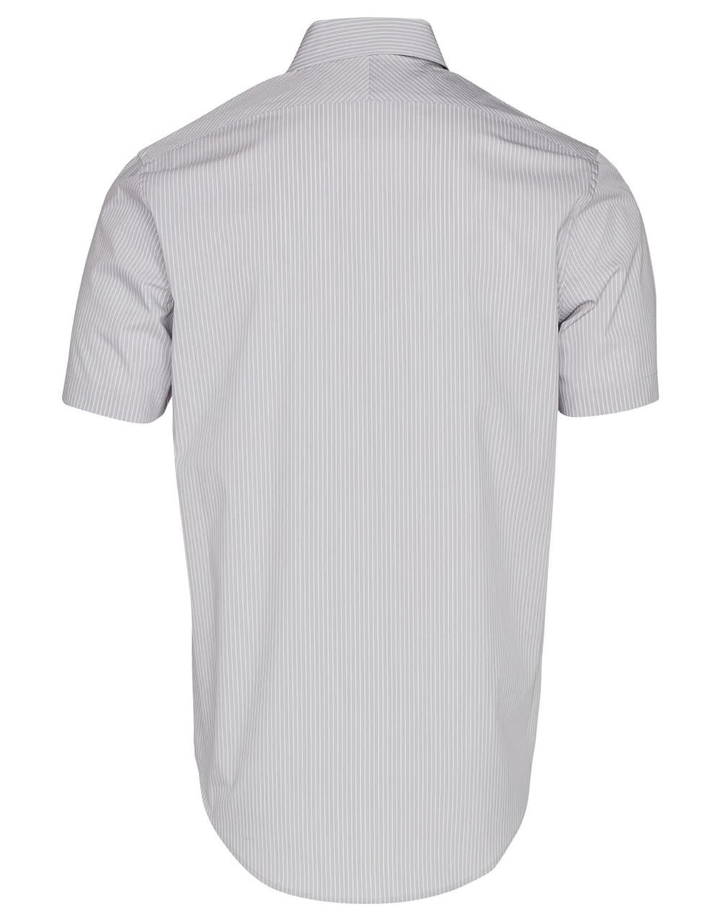 A men's short-sleeve button-up shirt in light grey with a subtle ticking stripe pattern and collar.
