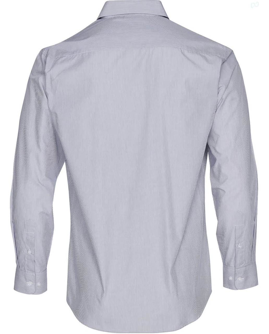 A grey and white striped long sleeve button-up shirt featuring a classic collar and a branding logo.