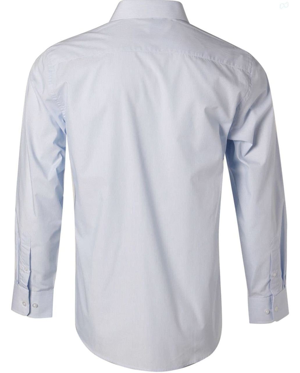 A light blue long sleeve button-up shirt with fine stripes and a back view, featuring a logo on the label.