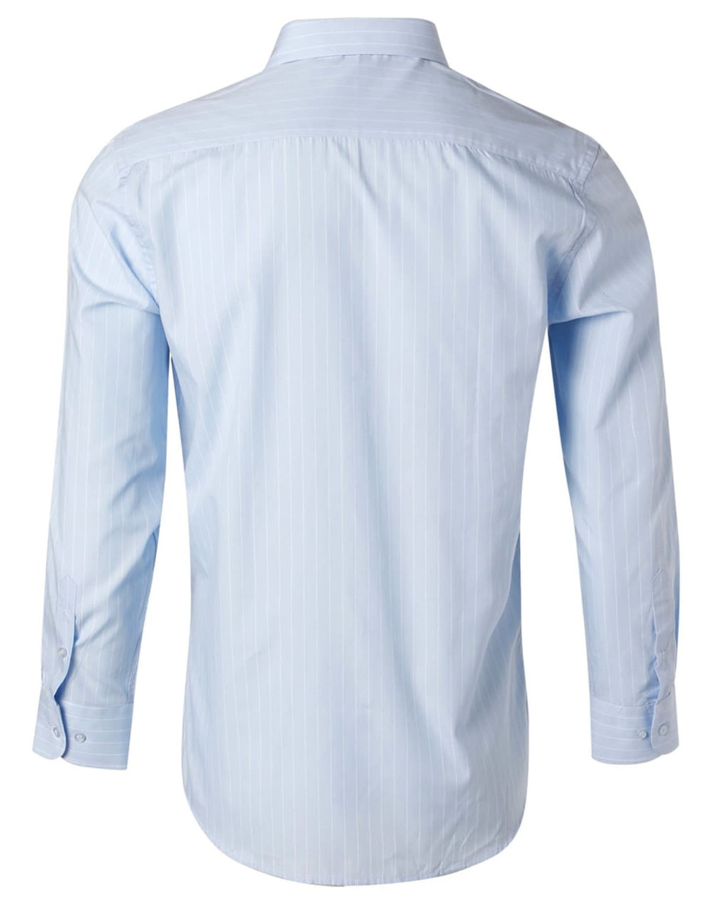 Men's long sleeve button-up shirt in light blue with pin stripes, featuring a collar and button cuffs.