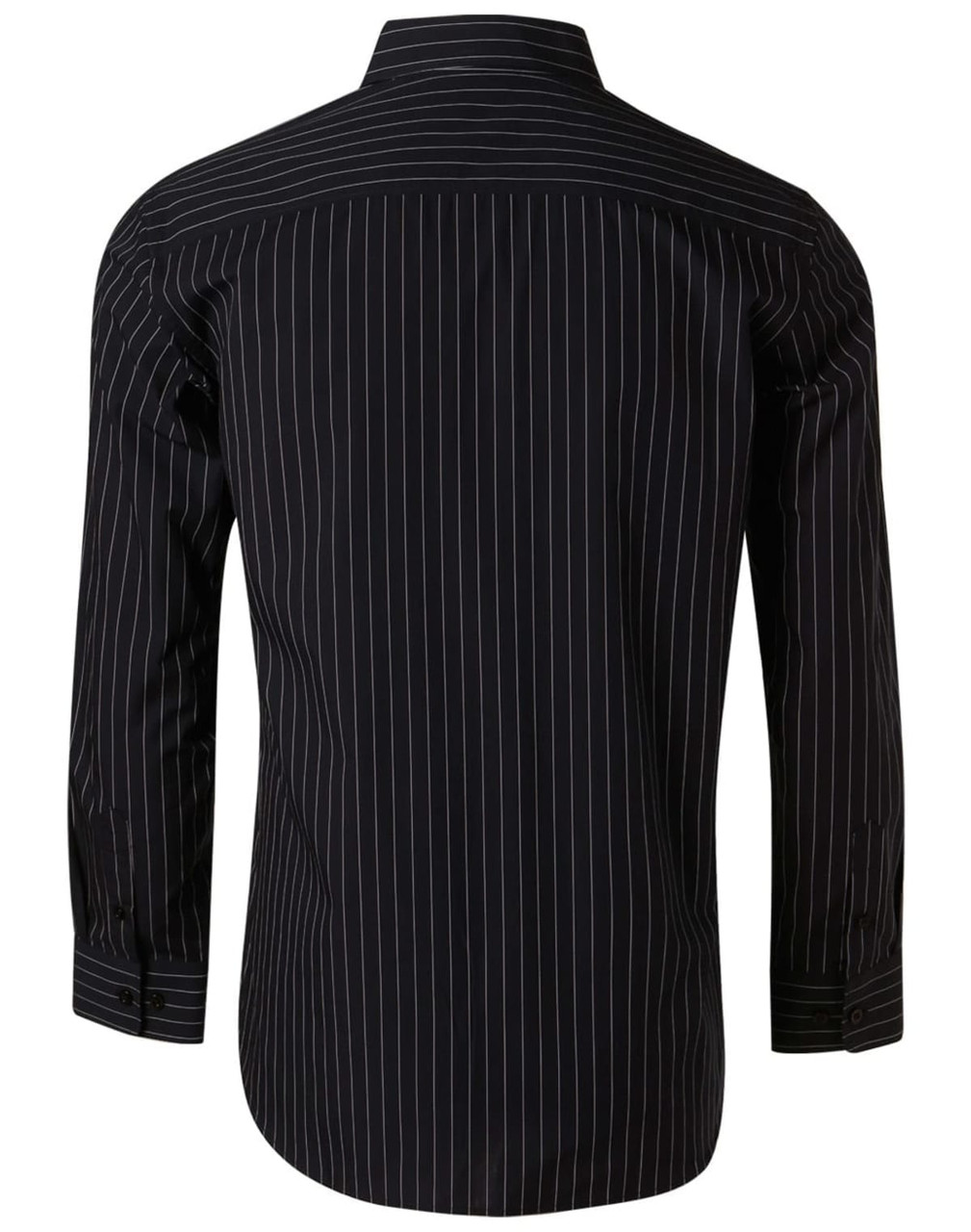 A black long sleeve shirt with white pin stripes and a back view, featuring a logo on the collar.