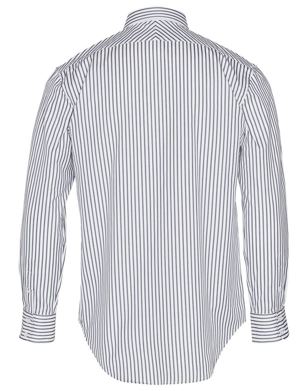 A back view of a men's long sleeve button-up shirt featuring sateen stripes in white and navy. The shirt has a collar and cuffs.
